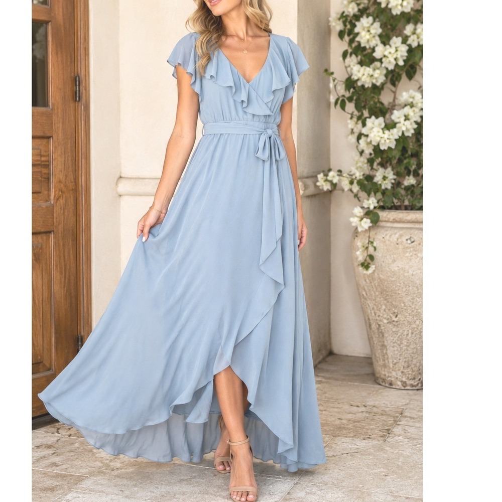 Baltic Born NWT Ruffle Maxi Dress Light Blue Flutter Sleeve Wrap Formal XL NWT